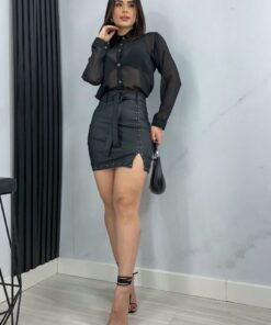 Camisa Blusa Social Transparente Manga Longa Botões
