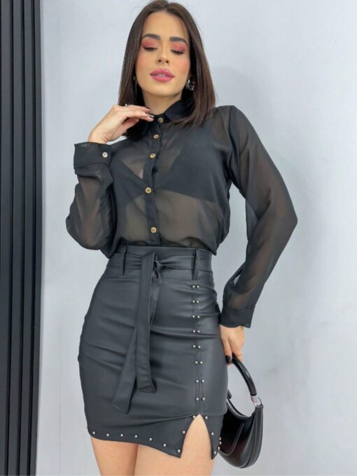 Camisa Blusa Social Transparente Manga Longa Botões - Image 2