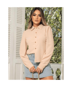 Camisa Social Feminina Com Botão Manga Longe Moda Super