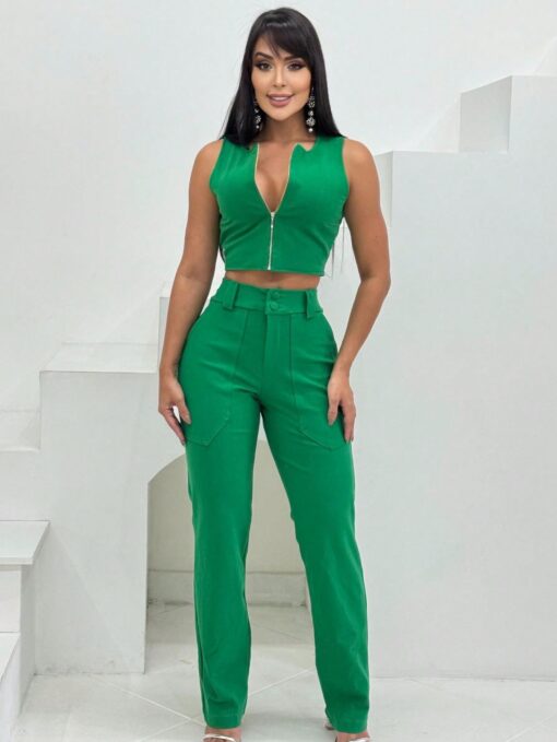 Conjunto Selena-Calça Pantalona e Cropped Com Ziper-Verde escuro