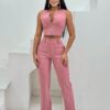 Conjunto Selena-Calça Pantalona e Cropped Com Ziper-Rosê