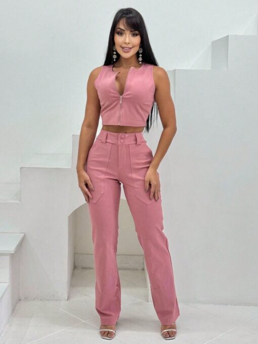 Conjunto Selena-Calça Pantalona e Cropped Com Ziper-Rosê