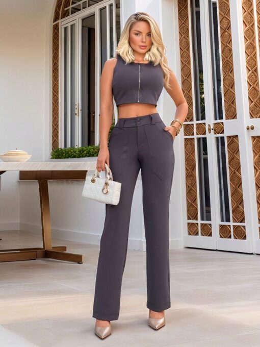 Conjunto Selena-Calça Pantalona e Cropped Com Ziper-Cinza