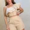 Conjunto Elana, Short e Cropped Plissado-Bege