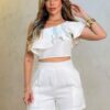 Conjunto Elana, Short e Cropped Plissado-Branco