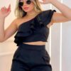 Conjunto Elana, Short e Cropped Plissado-Preto