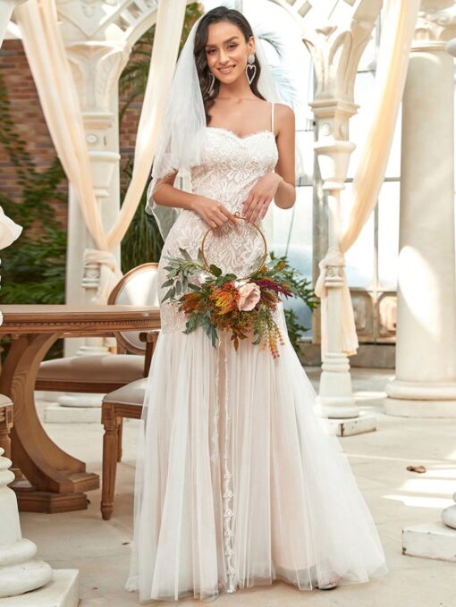 Vestido De Noiva Sereia Renda e Tule Em Forma de Coração