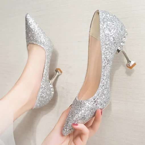 Sapato Scarpin-Cristalizado, Bico fino, Salto Taça 8 Cm, Festa, Casamento - Image 2
