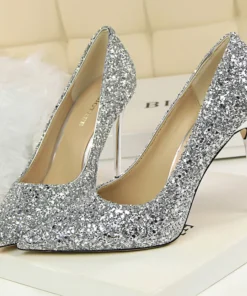 Scarpin Noiva-Festa Cristal Gritter Salto Alto fino 9,5Cm-Prata