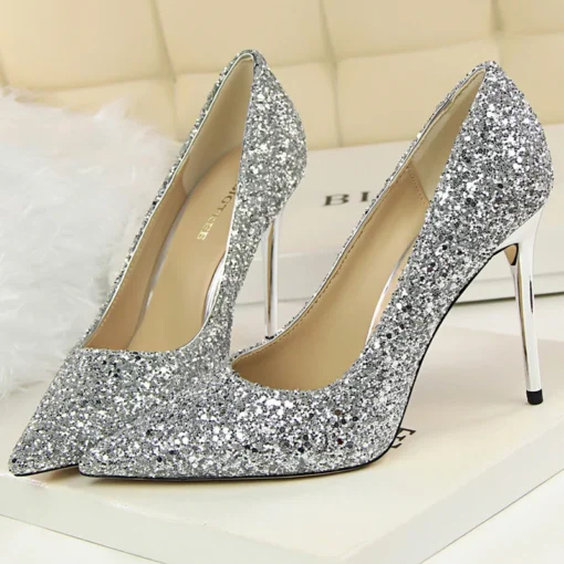 Scarpin Noiva-Festa Cristal Gritter Salto Alto fino 9,5Cm-Prata