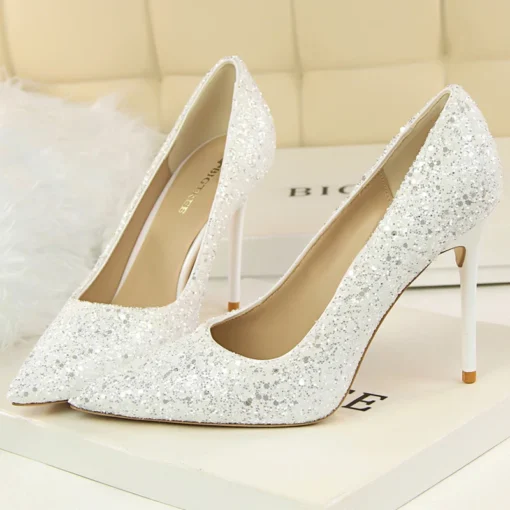 Scarpin Noiva-Festa Cristal Gritter Salto Alto fino 9,5Cm-Branco