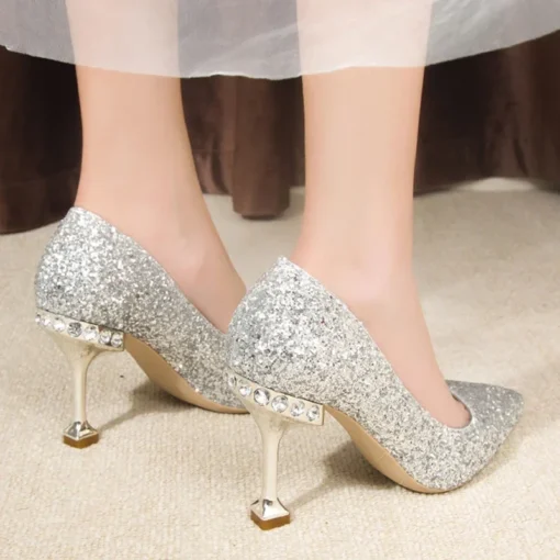 Sapato Scarpin-Cristalizado, Bico fino, Salto Taça 8 Cm, Festa, Casamento - Image 3