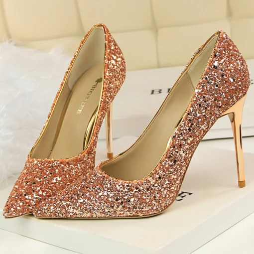 Scarpin Noiva-Festa Cristal Gritter Salto Alto fino 9,5Cm-Champanhe