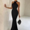 Vestido Julia-Em Cetim Sem Mangas-Ocasião Festas, Casamento-Preto