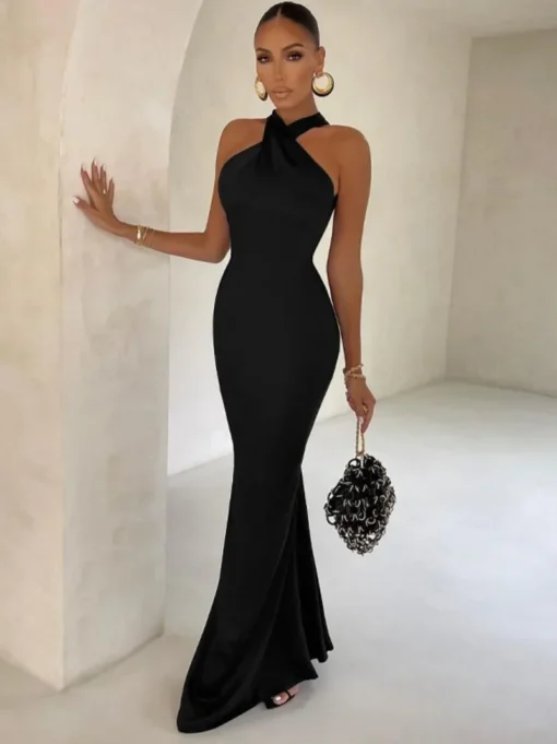 Vestido Julia-Em Cetim Sem Mangas-Ocasião Festas, Casamento-Preto