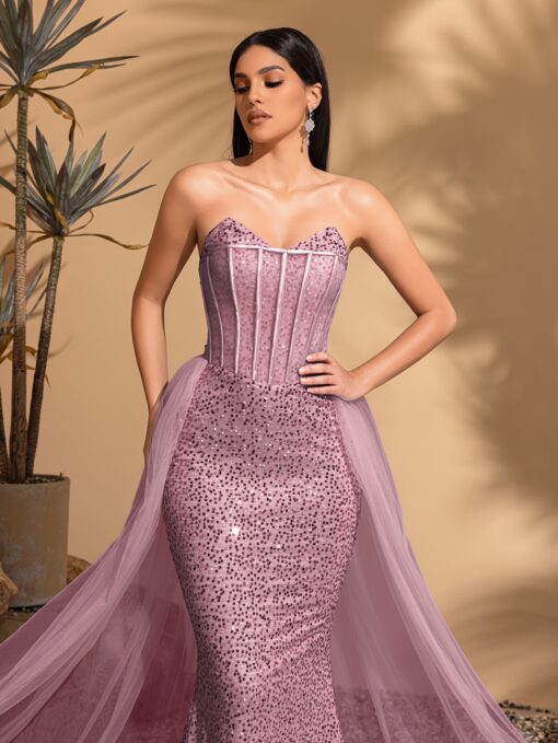 Vestido Longo De Lantejoulas Elegante Ombro Caído - Cintura Alta, Vestido Para Festa Perfeito para Casamentos - Image 6