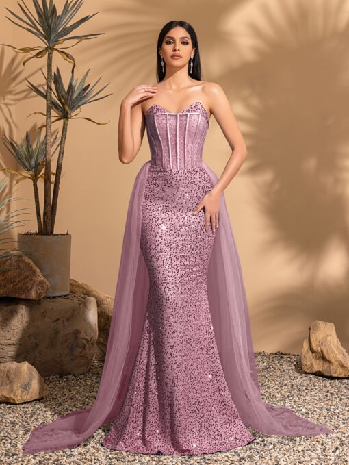 Vestido Longo De Lantejoulas Elegante Ombro Caído - Cintura Alta, Vestido Para Festa Perfeito para Casamentos - Image 5