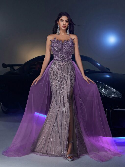 Vestido Elegante e Luxuoso Saia Sereia Cores Contrastantes, Lantejoulas Brilhantes e Tule, Casamento, Festa,
