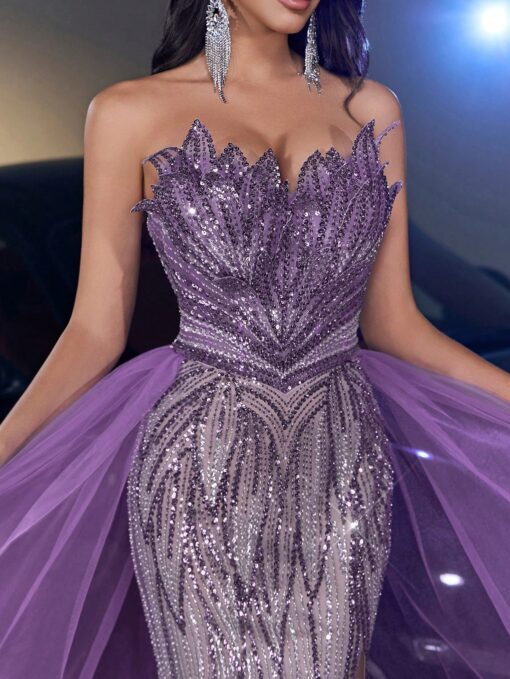 Vestido Elegante e Luxuoso Saia Sereia Cores Contrastantes, Lantejoulas Brilhantes e Tule, Casamento, Festa, - Image 7