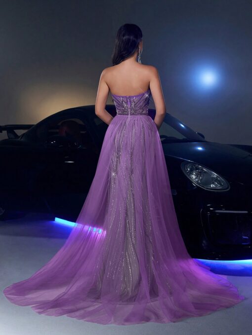 Vestido Elegante e Luxuoso Saia Sereia Cores Contrastantes, Lantejoulas Brilhantes e Tule, Casamento, Festa,