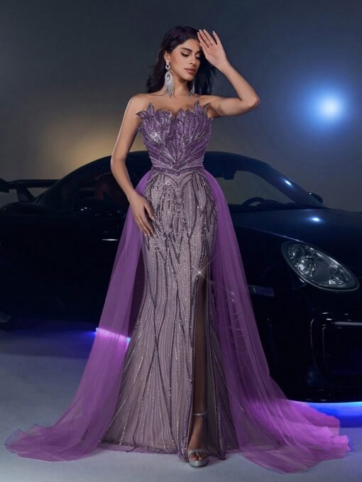 Vestido Elegante e Luxuoso Saia Sereia Cores Contrastantes, Lantejoulas Brilhantes e Tule, Casamento, Festa, - Image 3