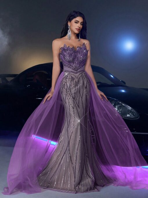 Vestido Elegante e Luxuoso Saia Sereia Cores Contrastantes, Lantejoulas Brilhantes e Tule, Casamento, Festa, - Image 6
