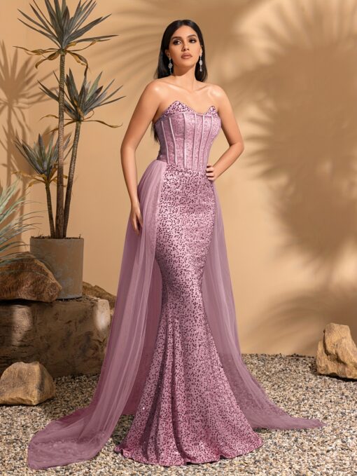 Vestido Longo De Lantejoulas Elegante Ombro Caído - Cintura Alta, Vestido Para Festa Perfeito para Casamentos