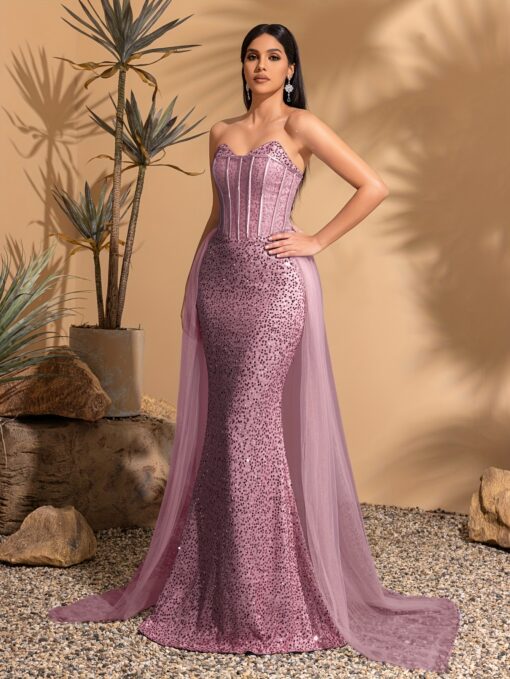 Vestido Longo De Lantejoulas Elegante Ombro Caído - Cintura Alta, Vestido Para Festa Perfeito para Casamentos - Image 4