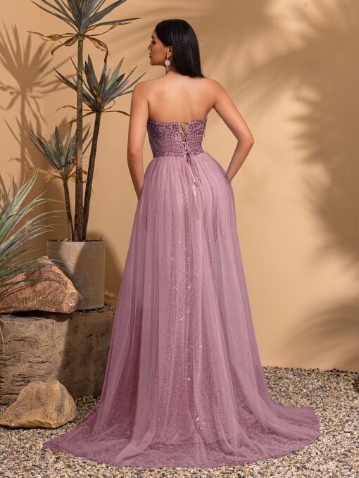 Vestido Longo De Lantejoulas Elegante Ombro Caído - Cintura Alta, Vestido Para Festa Perfeito para Casamentos - Image 3
