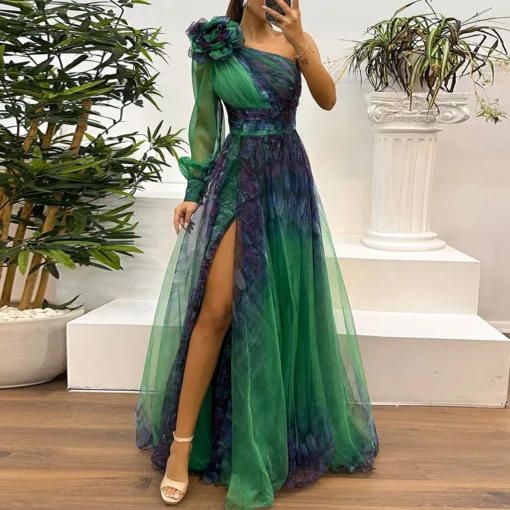 Vestido De Festa Longo Gola Diagonal, Manga De Um Ombro Detalhe De Flor- - Image 3