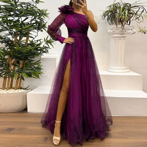 Vestido De Festa Longo Gola Diagonal, Manga De Um Ombro Detalhe De Flor-