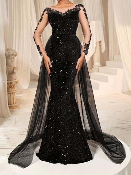 Vestido Longo Elegante Preto com Lantejoulas e Costas Abertas - Cintura Alta, Detalhes em Renda e Mangas Ilusórias - Image 3