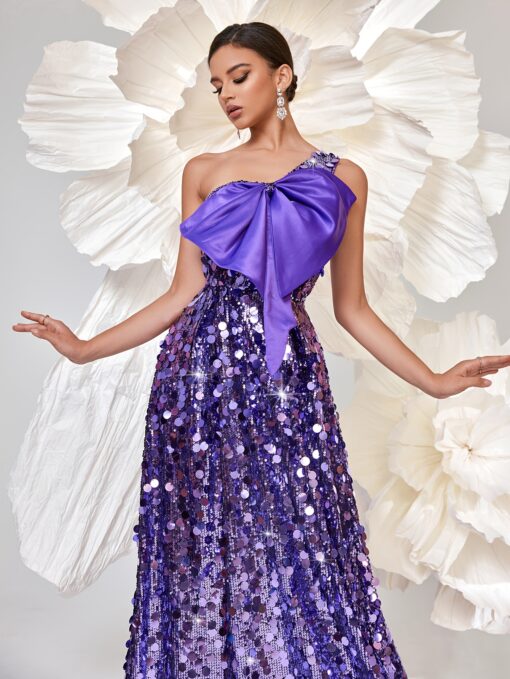 Vestido Elegante De Lantejoulas Ombro Único, Sem Mangas Com Decoração de Laço - Image 5