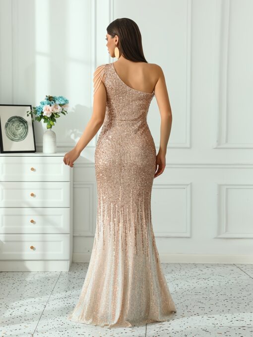 Vestido Elegante Um Ombro Com Miçangas e Detalhe de Lantejoulas - Sem Mangas, Coxa com Fenda - Image 2