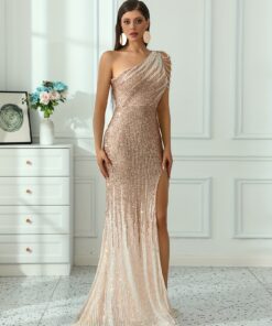 Vestido Elegante Um Ombro Com Miçangas e Detalhe de Lantejoulas - Sem Mangas, Coxa com Fenda