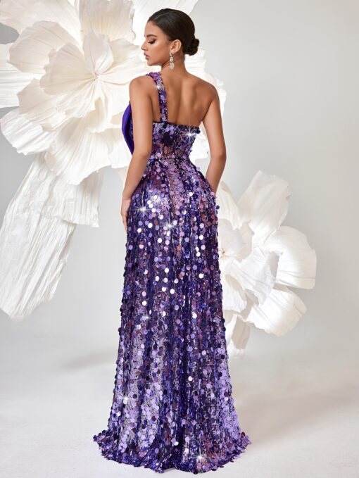 Vestido Elegante De Lantejoulas Ombro Único, Sem Mangas Com Decoração de Laço - Image 2
