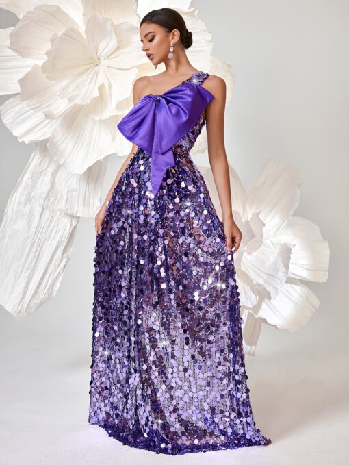 Vestido Elegante De Lantejoulas Ombro Único, Sem Mangas Com Decoração de Laço - Image 3