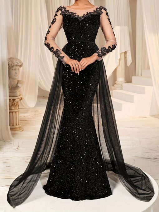 Vestido Longo Elegante Preto com Lantejoulas e Costas Abertas - Cintura Alta, Detalhes em Renda e Mangas Ilusórias - Image 5