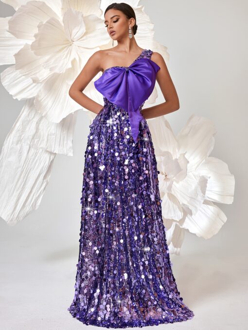 Vestido Elegante De Lantejoulas Ombro Único, Sem Mangas Com Decoração de Laço - Image 4