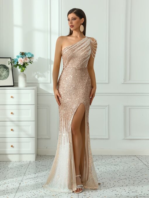 Vestido Elegante Um Ombro Com Miçangas e Detalhe de Lantejoulas - Sem Mangas, Coxa com Fenda - Image 4