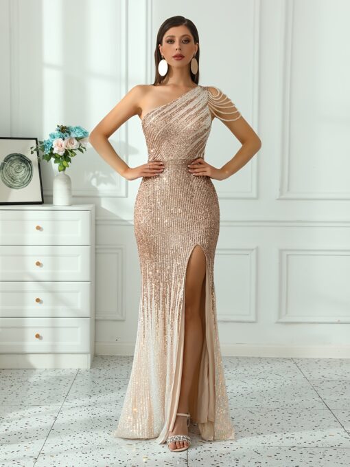 Vestido Elegante Um Ombro Com Miçangas e Detalhe de Lantejoulas - Sem Mangas, Coxa com Fenda - Image 6
