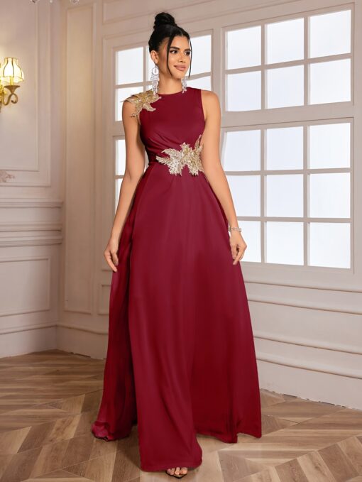 Vestido Maxi Elegante, Sem Mangas com Bordado Floral Design Com Cintura Ajustada e Fenda Lateral - Branco - Image 5