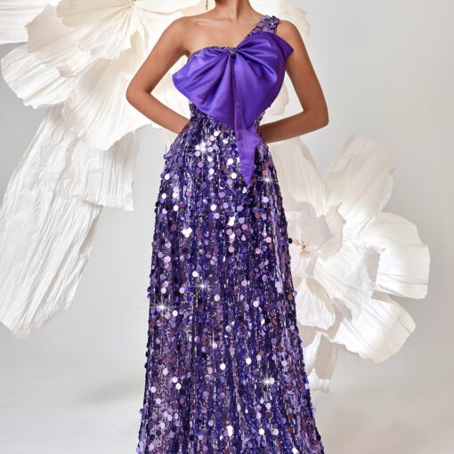 Vestido Elegante De Lantejoulas Ombro Único, Sem Mangas Com Decoração de Laço