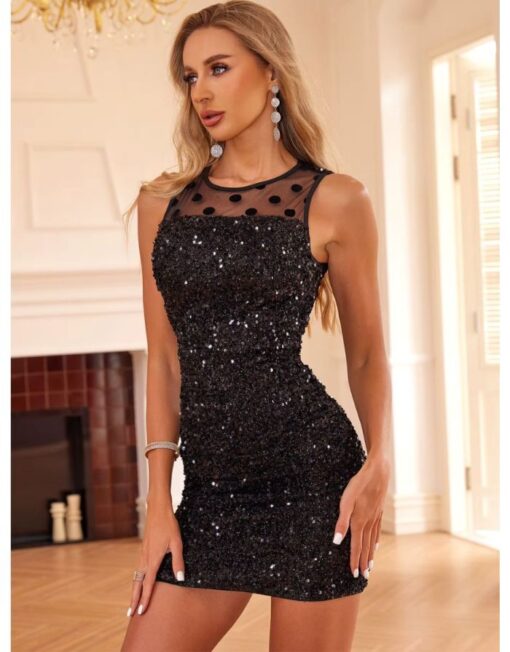Mini Vestido  Elegante Lantejoulas Preto Luxo, Tule Poá - Image 5